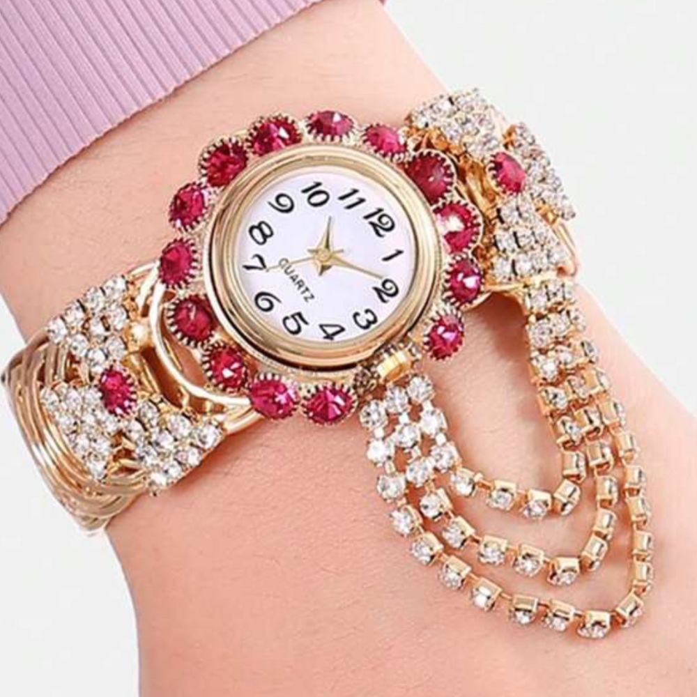 💎💖💎 LADIES PINK & CLEAR CRYSTAL RHINESTONE WATCH ON GOLD TONE CIRCULAR CUFF❗️ - Picture 5 of 6